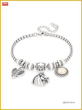 Western Turquoise Sliding Charm Bracelet with Fixed Charms - Silver & Gold